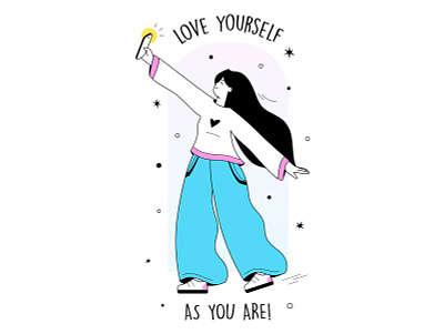 Love yourself as you are 2d acceptance character colors confident design flat flat illustration girl illustration minimalist people positive attitude self love self respect selfie shapes vector wellbeing woman