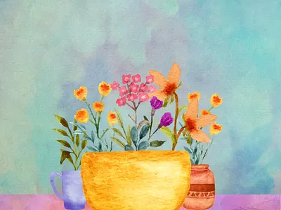 Impressionist Potted Flowers art botanical contemporary art flowers impressionism interior minimalist nature orange pink poster pots print turquoise unique design vibrant colors wall art yellow