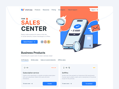 Sales Center bank card business card digital banking finance financial fintech home page illustration landing page money payment sales ui wallet web web design website