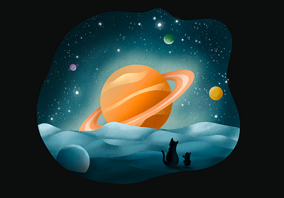 Planets cat design illustration light nebula night planet stars universe