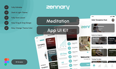 Zennary - Meditation App UI Kit app app ui auto layout branding calm design elegant figma gradient graphic design illustration minimalistic mobile app modern premium smooth typography ui unique ux