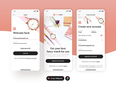 Pinkshop Watch app app design create account figma community figma design login mobile pink pink app register shop sign in sign up ui ui design uiux watch