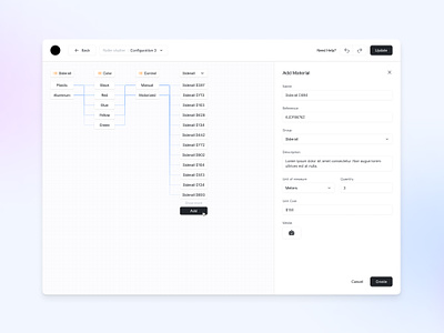 Bill of Materials b2b builder complexe manufacturing product configuration product design query builder saas side bar side panel