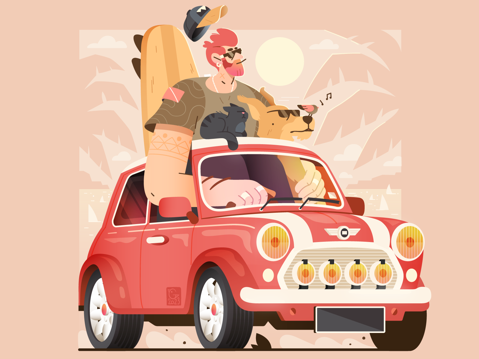 Summer Vibes ☀️ bird boats cap car cat character dog driver fashion flat holidays hot illustration ocean sea summer sun surf vector vintage