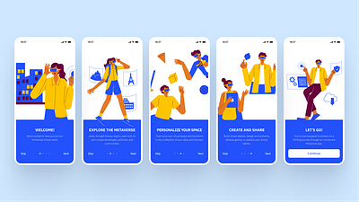 Onboarding for Metaverse App app blue branding design metaverse onboarding ui ux virtual virtual reality vr white yellow