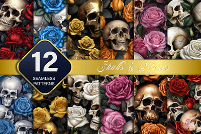 Gothic Skulls and Roses Seamless Pattern background