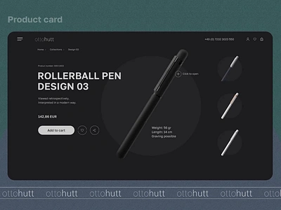 Product card. Pen Ottohutt animation black branding card product darkdesign darktheme design e commerce minimal minimaldesign minimalism online shop online store pens penstore product card store ui ux web design