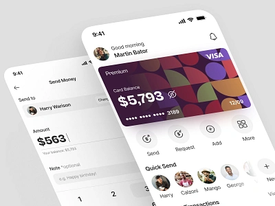 Finance Mobile App app bank app banking card credit card finance financial fintech friend geometry history light mode mobile pattern send send money transaction ui ui design uiux