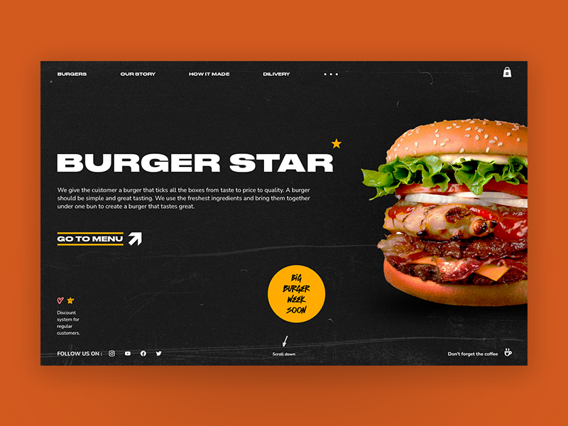 Hero section for the Burger Cafe website adobe illustrator adobe photoshop branding burger cafe dark style desktop e commerce fast food figma food graphic design key visual minimal online store ui ux user friendly user interface visual design web design