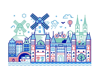 Welcome to Netherlands amsterdam canal cityscape concept dutch flat design holland illustration landscape line art museum netherlands scene scenery skyline travel windmills