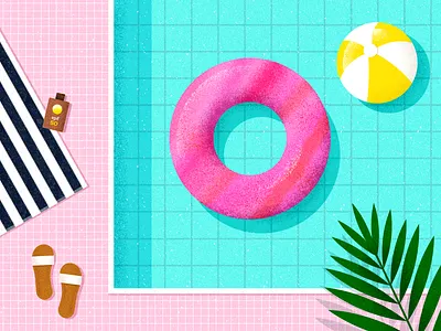 Sunny Pool Days float illustration palm pink pool sandals summer sun tropical vector