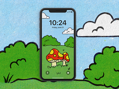 Walk in the Park - Wallpaper art background cartoon color halftone illustration iphone landscape mobile mushroom nature procreate retro texture wallpaper