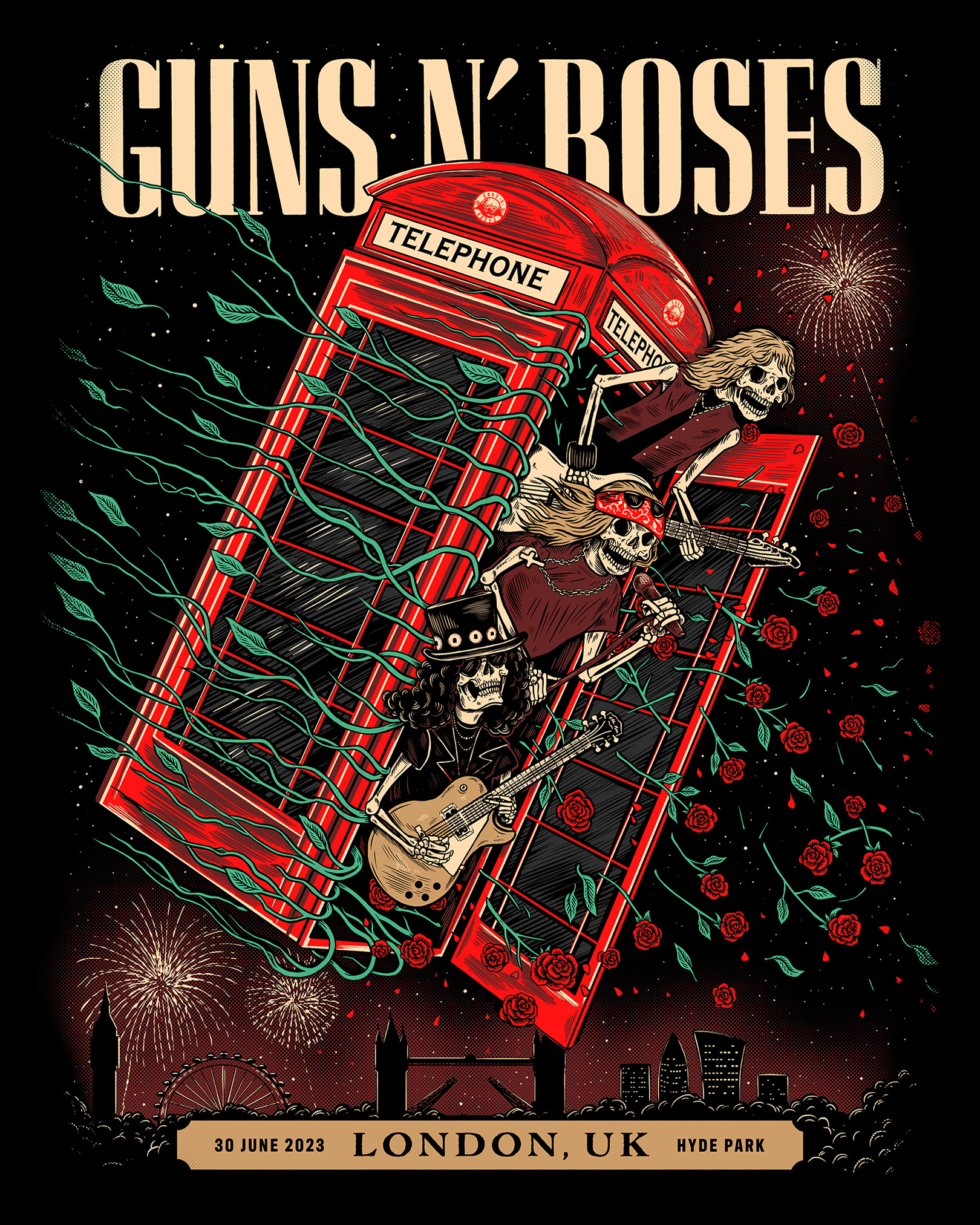 Guns N' Roses HYDE PARK art band design drawing floral guns n roses illustration merch rose shirt skull tshirt
