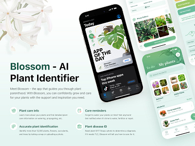 Featuring banner for Blossom app ai app aso blossom design disease feature feature banner feature graphics garden graphic design identification illustration plant plant app reminder typography ui vector
