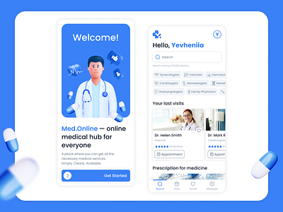 Med.Online - Healthcare Technology Mobile App🩺 app appointment blue clinic doctor health healthcare heart ios med medicine mobile pills start ui ux web welcome