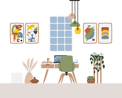 Workspace decor home decor home design home interior home office houseplants indoor interior laptop living room mid century plant remote study space vector vector illustration wall art workplace workspace workstation