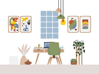 Workspace decor home decor home design home interior home office houseplants indoor interior laptop living room mid century plant remote study space vector vector illustration wall art workplace workspace workstation