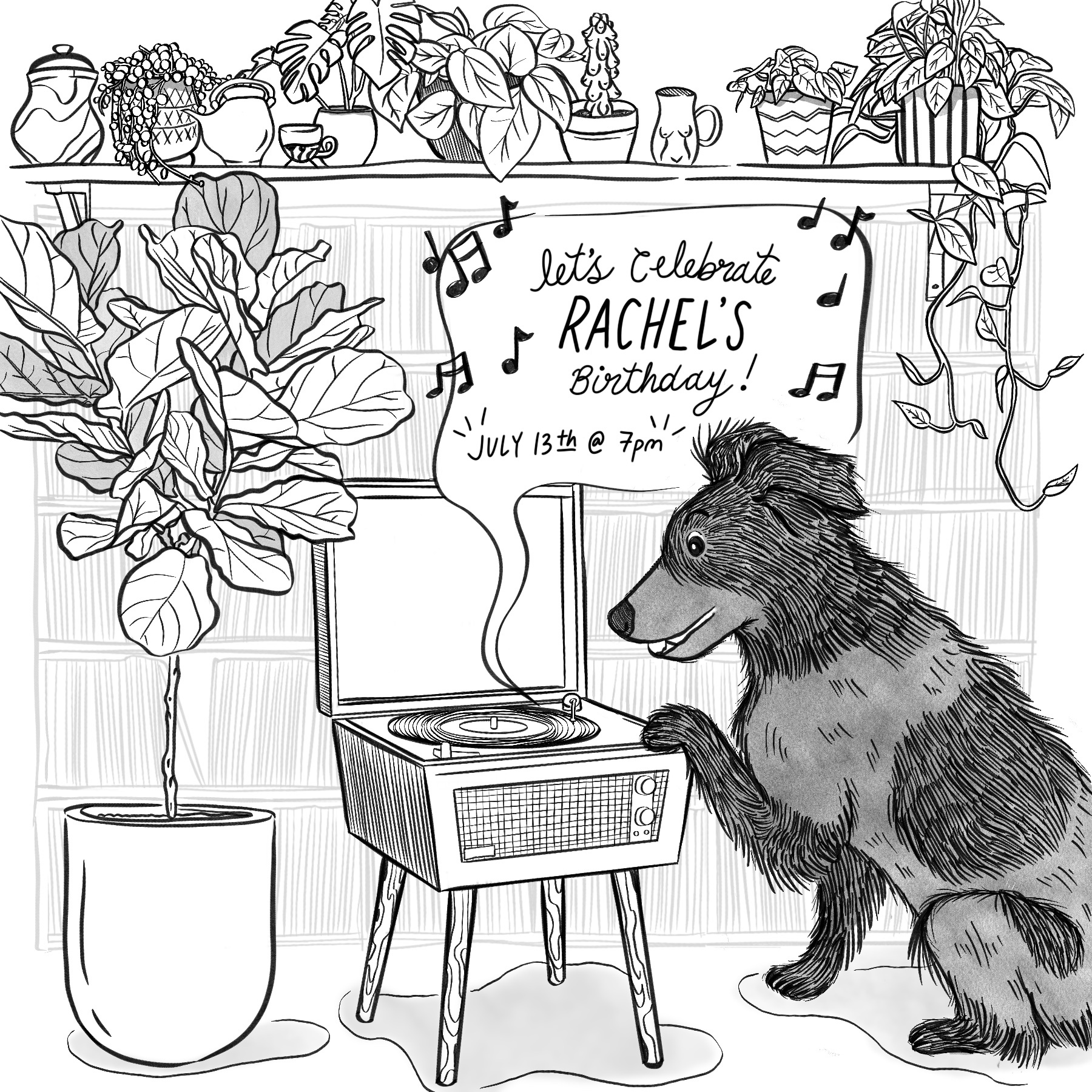 Party Flyer announcement birthday birthday announcement black and white dog dog portrait drawing flyer hand drawn hand drawn type handdrawn illustration party flyer record player records vinyl