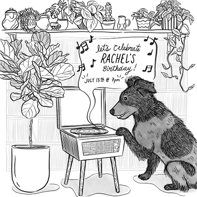 Party Flyer announcement birthday birthday announcement black and white dog dog portrait drawing flyer hand drawn hand drawn type handdrawn illustration party flyer record player records vinyl