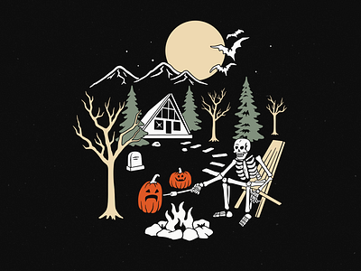 Spooky night at the cabin airbnb branding cabin cabin logo commission design halloween handdrawn illustration outdoors rental skeleton spooky night vector wild