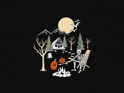Spooky night at the cabin airbnb branding cabin cabin logo commission design halloween handdrawn illustration outdoors rental skeleton spooky night vector wild
