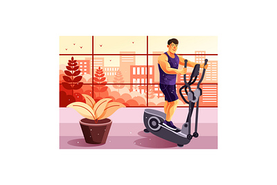 Working Out on Elliptical Trainer Illustration athletic