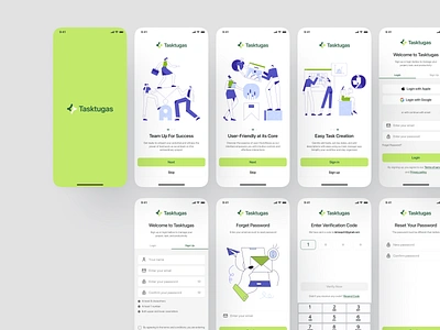 Tasktugas - Onboarding, Sign up, Login, Forget password app app design confirm email design forgot password input field login mobile mobile app mobile kit modal onboarding sign in sign up signin signup splash screen task task manager ui kit