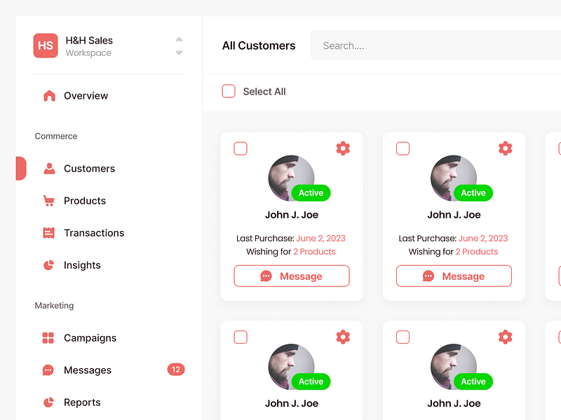 Customer Grid card client commerce crm customer design grid interaction list profiles purchase select status store transaction ui user