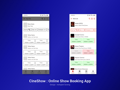 Cineshow: Online Movie Booking App Show List graphic design logo ui