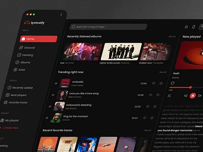 Lyricsify | Music player Web App dark mode lyrics music album music genres music player playlist pop popular artist singer track trending ui website