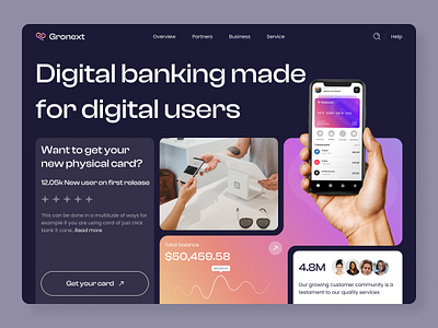 Gronext - Mobile Banking Website Design Concept banking card dark dark theme design digital figma landing page logo mobile ui money theme transfer ui ui design ux web web design web page website