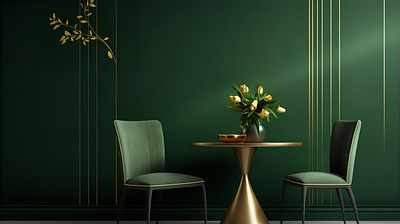 Golden lines on green wallpaper a table a chair and a vase with ai design interior interior design photo