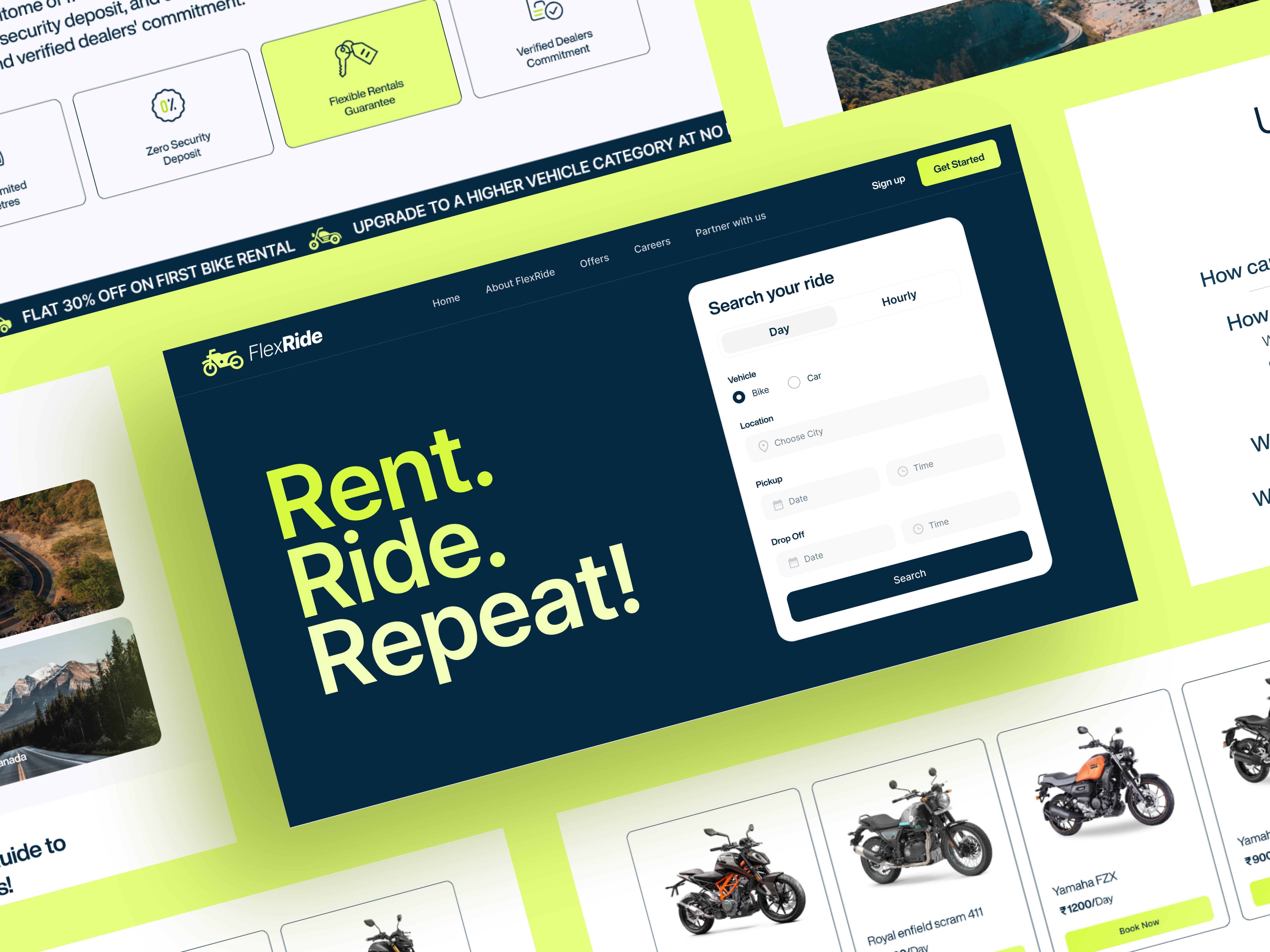 Flexride : A Vehicle Rental Platform 7span bikeonrent caronrent creativeui flexride rent rentalplatform vehicleonrent webdesign