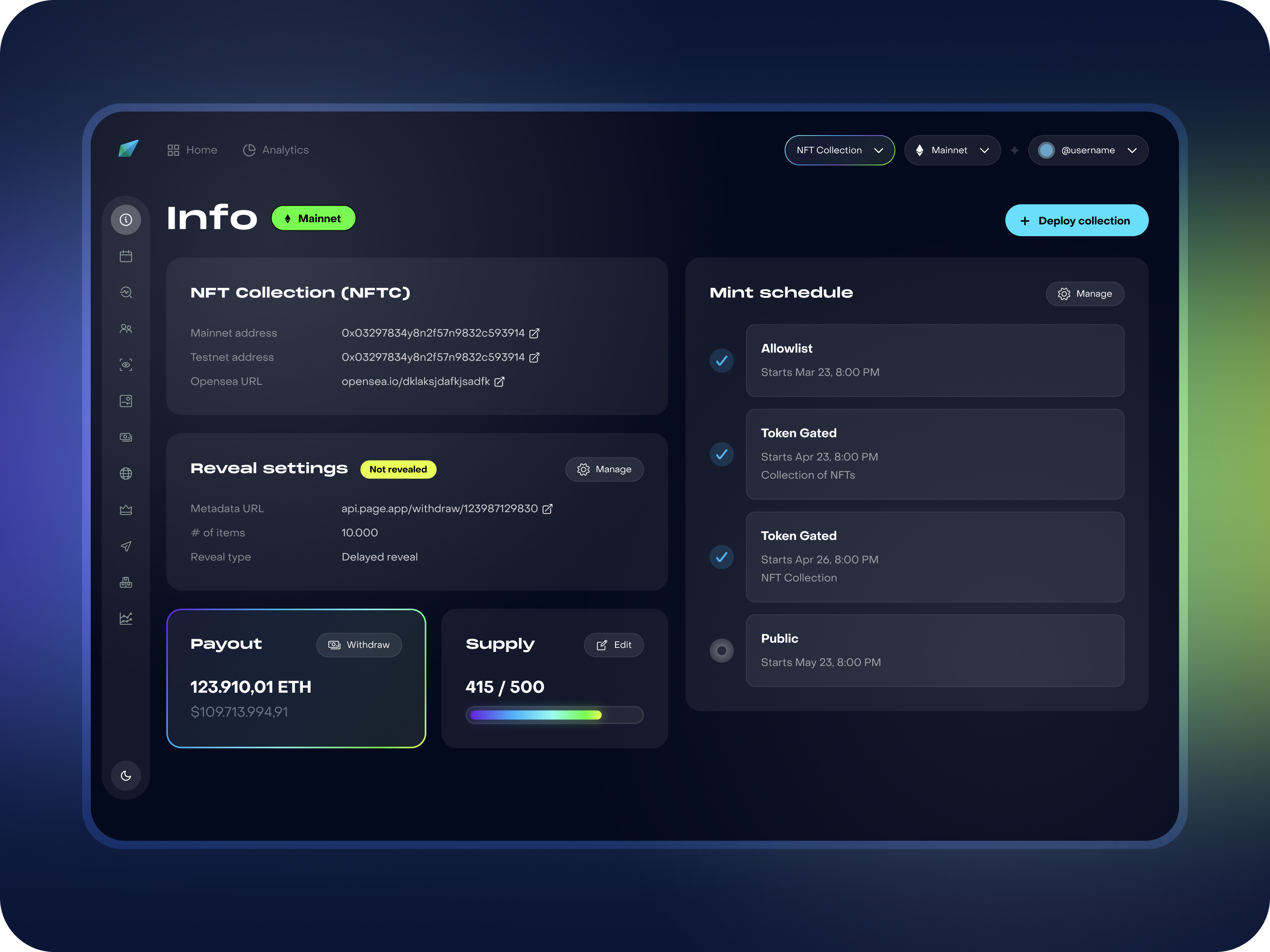 Design exploration of NFT project management dashboard dark blue dark mode dashboard gradient interaction management minimal neon nft overview rounded smooth token translucent typography ui ux web web3