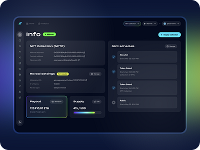 Design exploration of NFT project management dashboard dark blue dark mode dashboard gradient interaction management minimal neon nft overview rounded smooth token translucent typography ui ux web web3