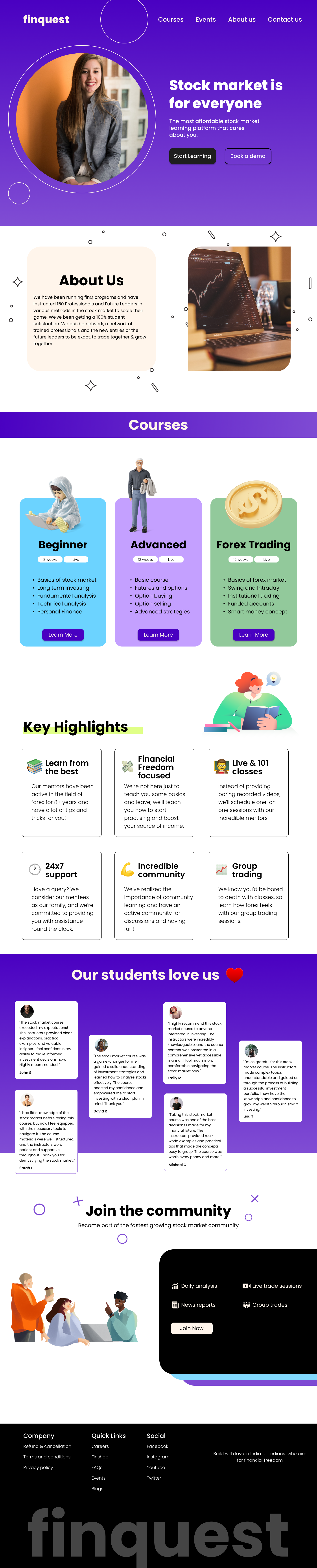 Finquest website. Investment learning platform website design investment stock market trading ui user experience userinterface ux