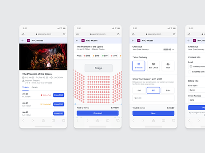 Ticket purchasing flow blue cart checkout clean conversion minimal mobile mobile web purchase saas show tailwind ticket ticketing vertical saas