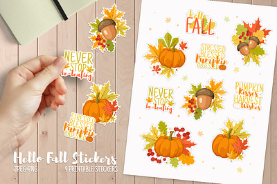 Hello Fall Stickers. Cute printable PNG sticker sheet autumn bundle collection colorful fall graphic design illustration set signs stickers