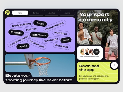 FitLife Fitness Concept black background blocks buttons community desktop download the app events fitness green hero banner landing photo promo site purple social media sport tags ui web