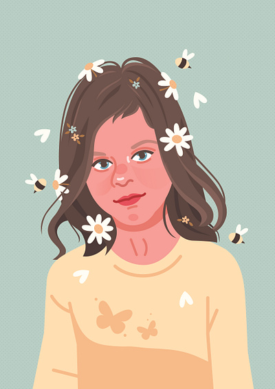 Cute girl summer portrait beautiful bee camomiles child color design flowers graphic art illustration stylezed vector vector art