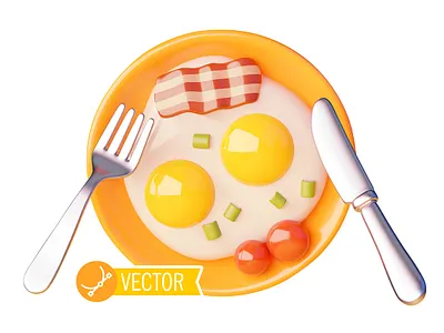Vector breakfast icon 3d bacon breakfast cooking egg eggs food fork fried fried eggs icon illustration knife lunch plate tomato vector
