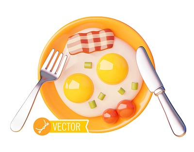 Vector breakfast icon 3d bacon breakfast cooking egg eggs food fork fried fried eggs icon illustration knife lunch plate tomato vector
