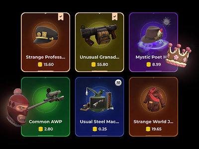 TF2Easy - Inventory Cards Design card ui casino casino game crypto crypto casino gambling game game card game items gaming igaming illustration inventory online casino rarity rust skins team fortress 2 teamfortress upgrade