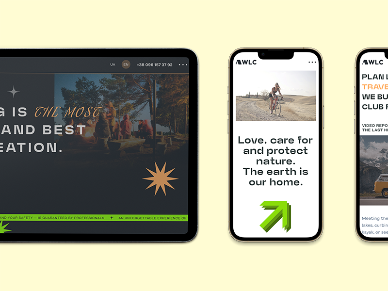 Website of the hiking company "Wild Life Club" adaptive adobe illustrator adobe photoshop bicycle branding figma graphic design hike hiking journey minimal mobile mountain responsive design tourism trail ui ux user interface visual design web design