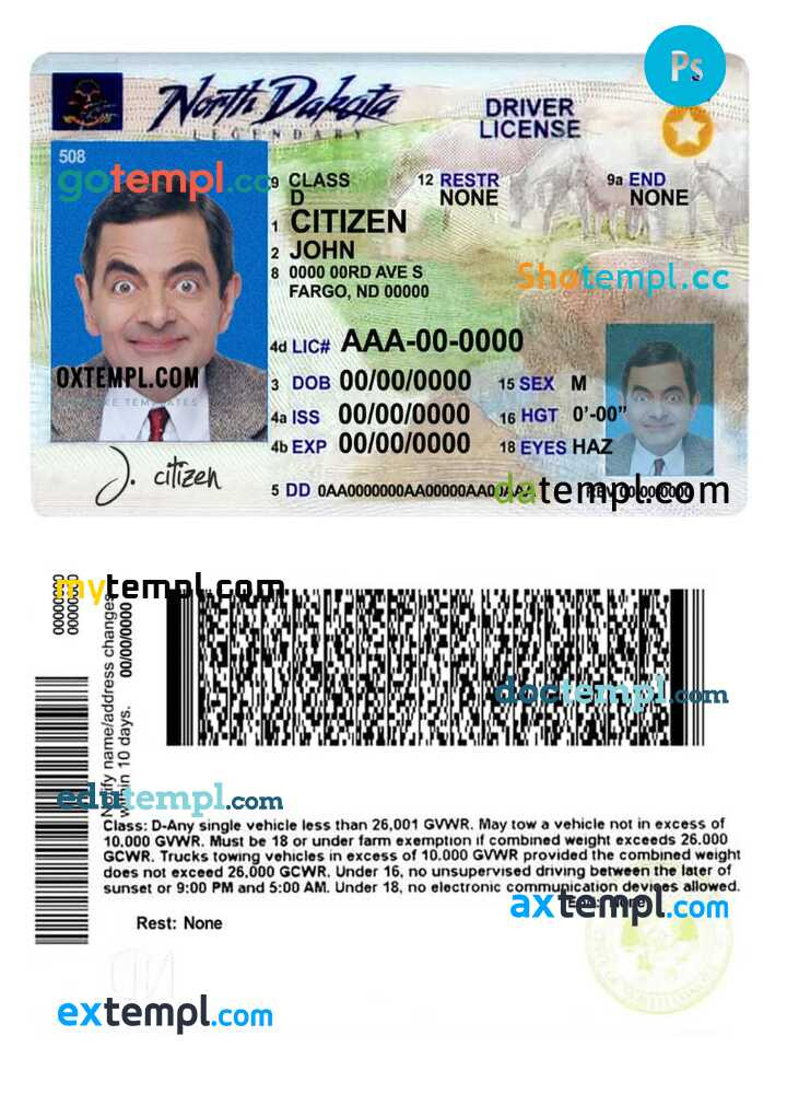 USA North Dakota driver’s permit template in PSD format, fully e by
