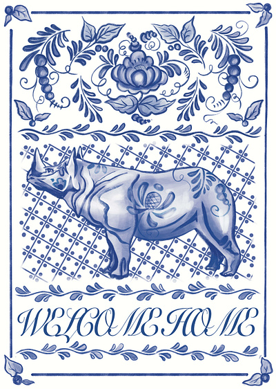 Rhino in Gzhel style animal art drawing graphic design illustration poster poster design