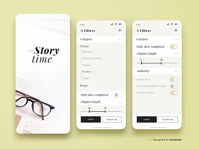 Story Time - Search Filter App UI Design book book reading browse faceted search figma figma design filter filtering mobile application design mobile apps read readability search search filters ui ui design user interface writer