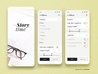 Story Time - Search Filter App UI Design book book reading browse faceted search figma figma design filter filtering mobile application design mobile apps read readability search search filters ui ui design user interface writer