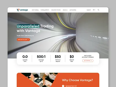 Hero - Vantage Markets app branding counter design figma graphic design grey orange hero section illustration landing page trading trading company trading landing page ui user experience user interface ux web design