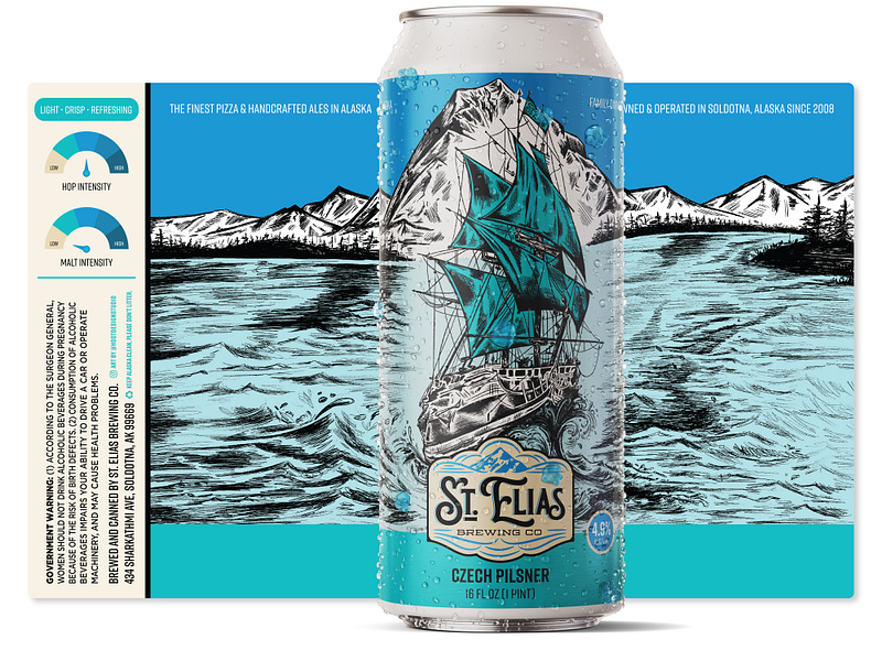 Packaging design for St. Elias Brewing Co. alaska beer beer packaging branding can craft beer design drink drink packaging graphic design hand drawn illustration illustration art label lettering logo packaging packaging design ship typography